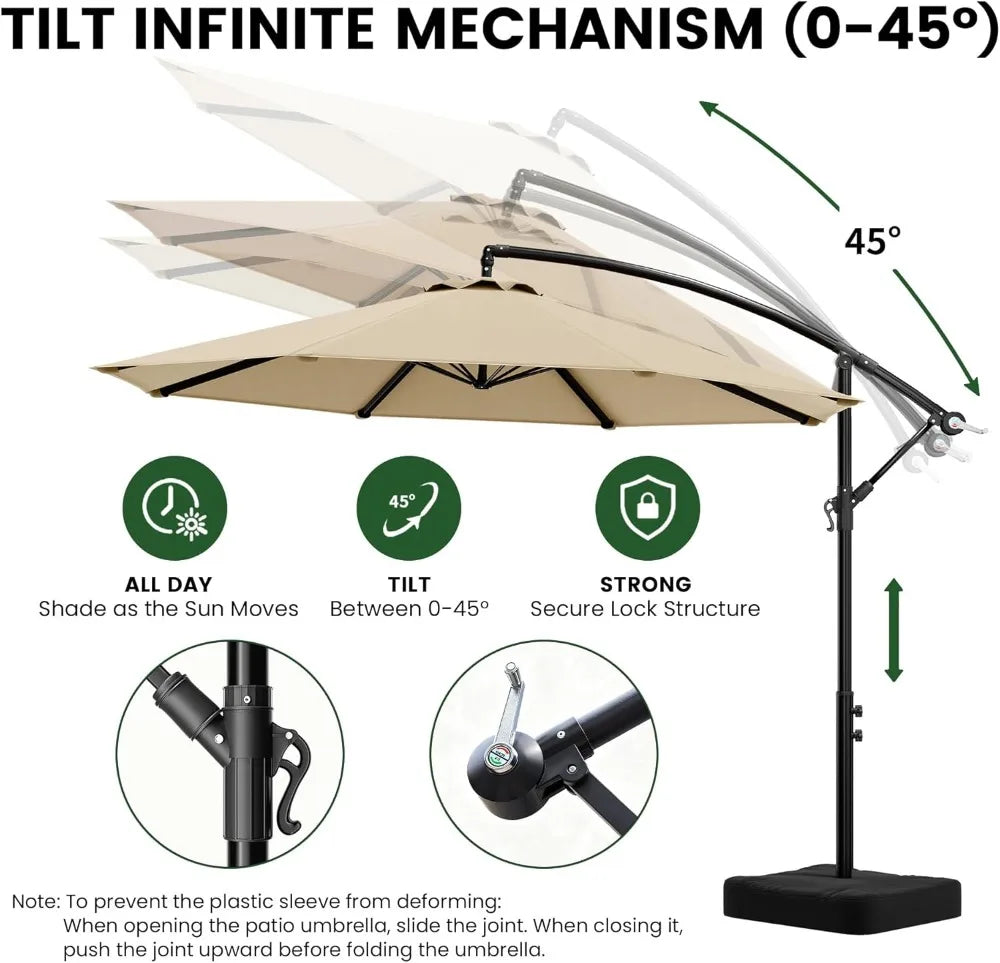 10ft Outdoor Cantilever Umbrella with Base, Upgraded Sun Protection Fabric, 8 Sturdy Ribs, Easy Tilt for Pool Deck Garden Patio